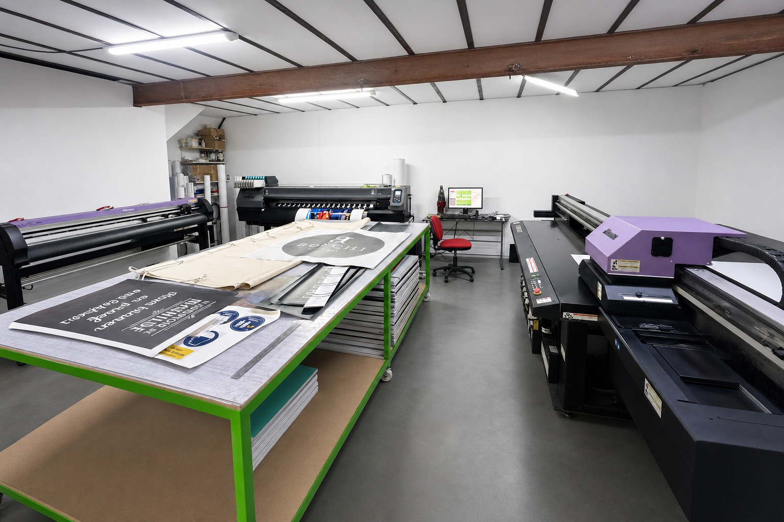 Vue d'ensemble de l'atelier UNYCK : traceur de découpe, imprimante rouleau, poste de calage, table UV et table de façonnage